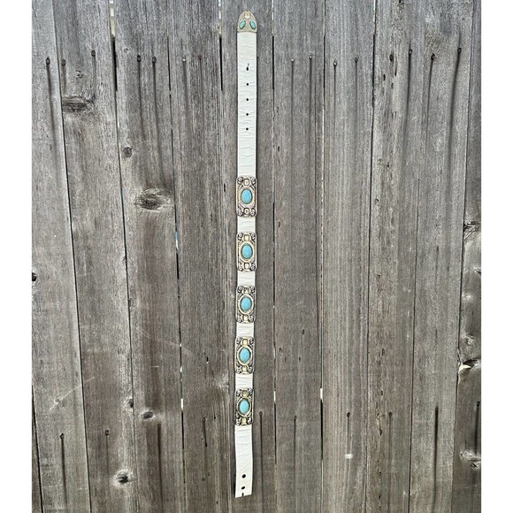 Apple ACC New York Accessories - Vintage Apple ACC‎ NY Faux Turquoise Embellished White Leather Belt 1 1/2”